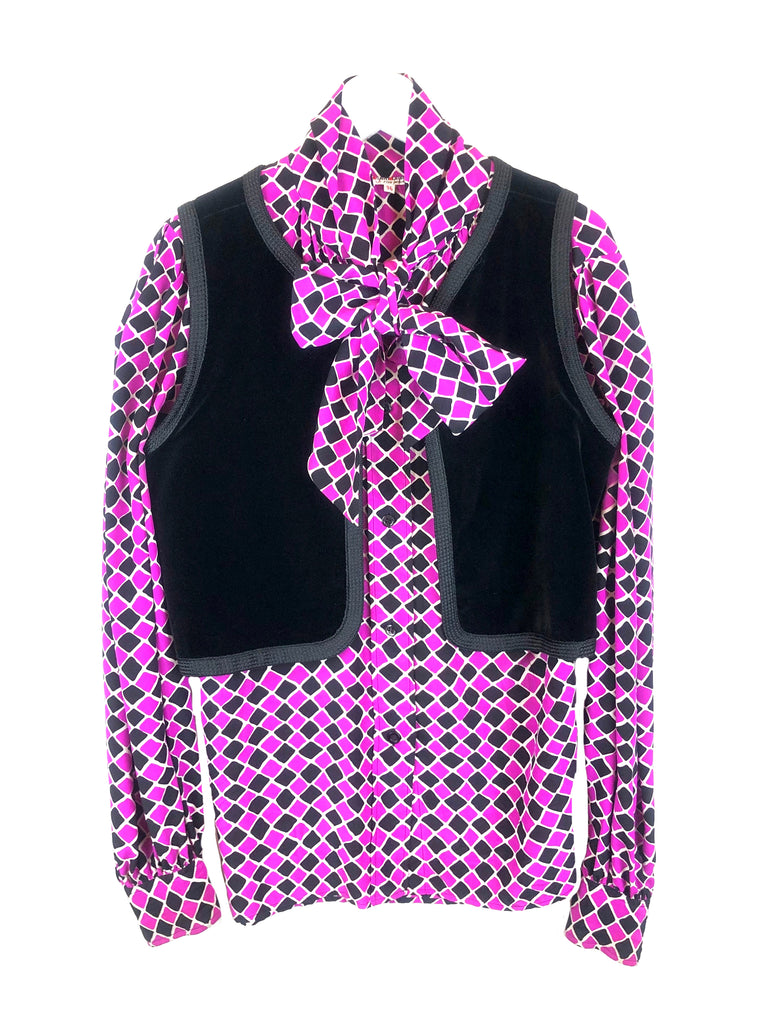 SAINT LAURENT pink and black harlequin print silk blouse rive gauche vintage plaisir palace the high-end vintage boutique Paris marais thrift store luxury depot sale