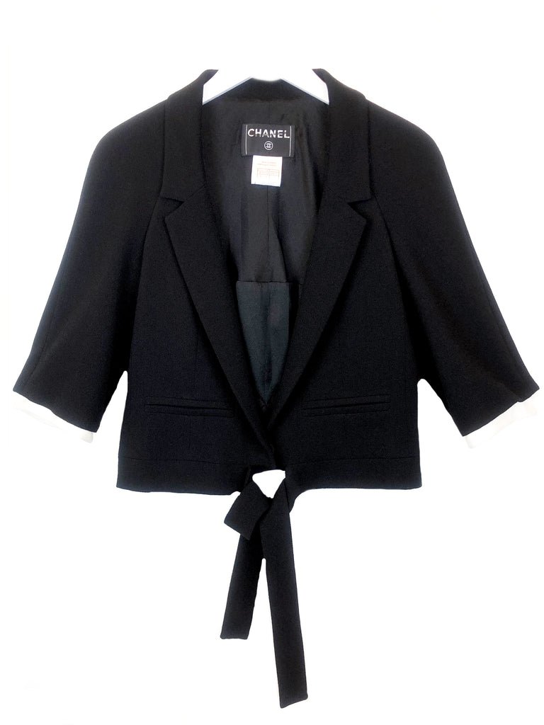 chanel vintage black wool jacket with belt at plaisir palace the vintage paris store